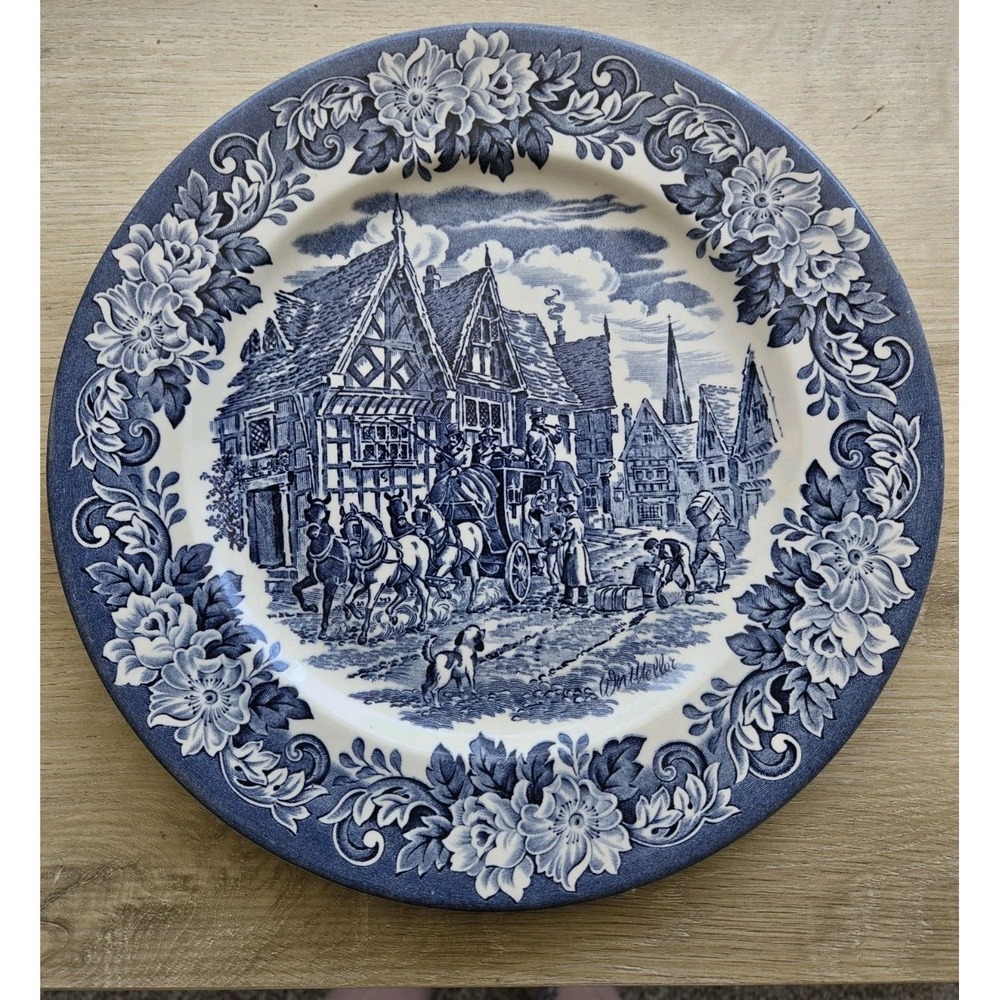 EIT English Ironstone Coaching Taverns Blue White Dinner Plate 9.75" England